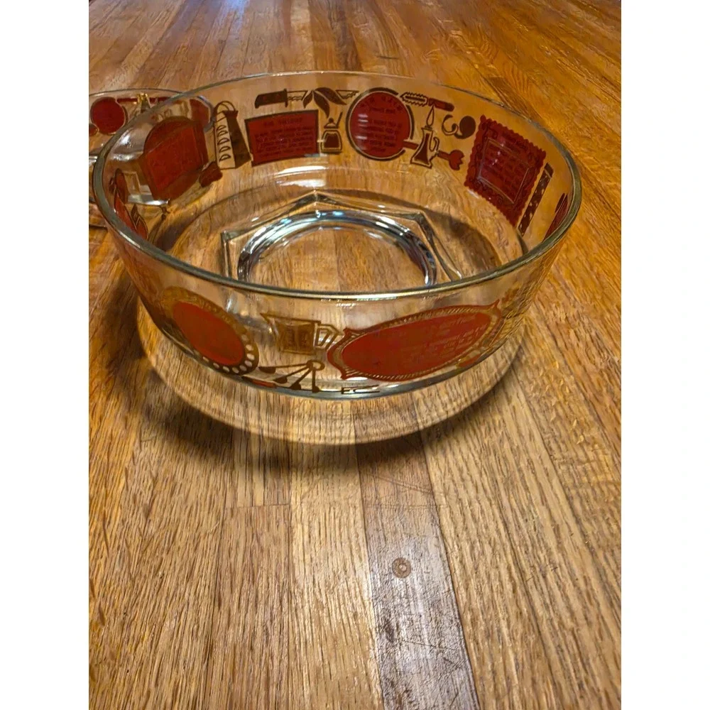 Vintage MCM Glass Chip and Dip Bowl Set Red Gold Recipe Print Mid Century Modern